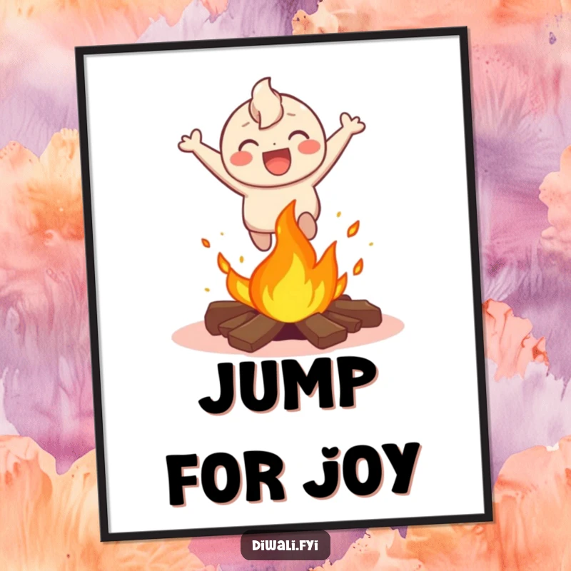 Funny poster depicting a happy character laughing while jumping over a small bonfire, capturing a moment of daring action and pure joy.