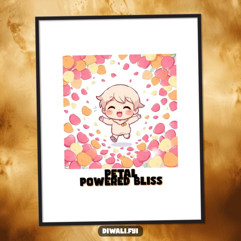 Funny Giggling Character Poster: A giggling character runs through a vibrant cascade of colorful petals, creating a humorous and uplifting piece of art.