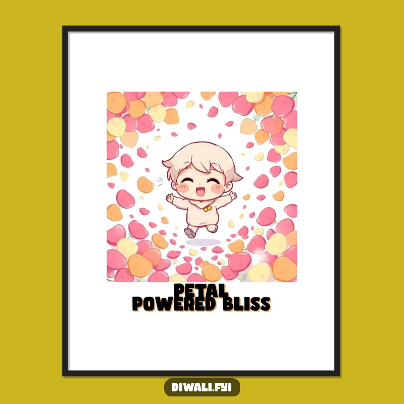 Funny Giggling Character Petal Poster: Whimsical art of a giggling character running through petals, a vibrant funny gift.