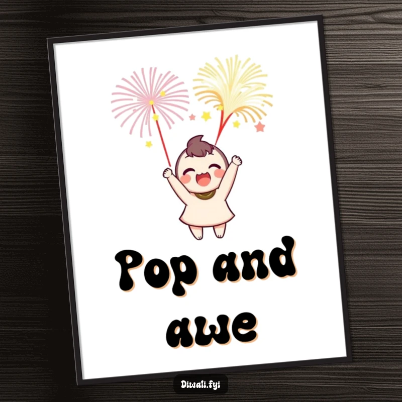 Funny poster of a delighted character launching small, colorful fireworks, bringing celebratory cheer to any room.