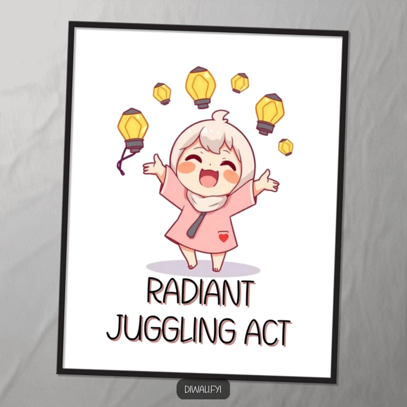 Funny Juggling Lamps Poster: A joyous character juggles luminous lamps, bringing a bright and humorous vibe to any wall.