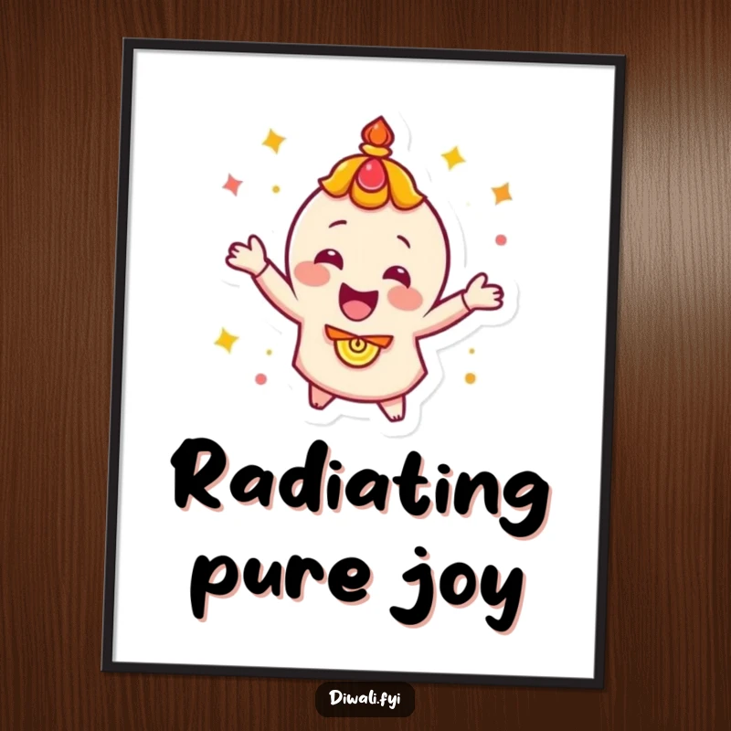 Funny, happy diya character energetically spinning, displayed as a dynamic piece of festive-themed wall art.