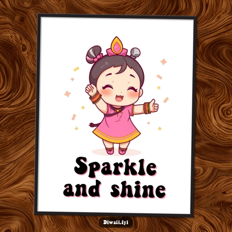 Funny poster of a small character wearing many festive bangles and striking a confident, celebratory pose, full of joy.