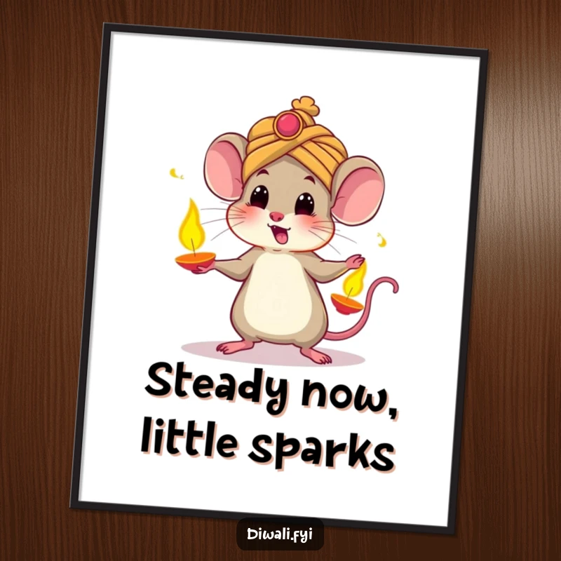 Funny poster print of a startled mouse in a turban, hilariously juggling bright, glowing diyas, perfect for adding festive cheer to walls.