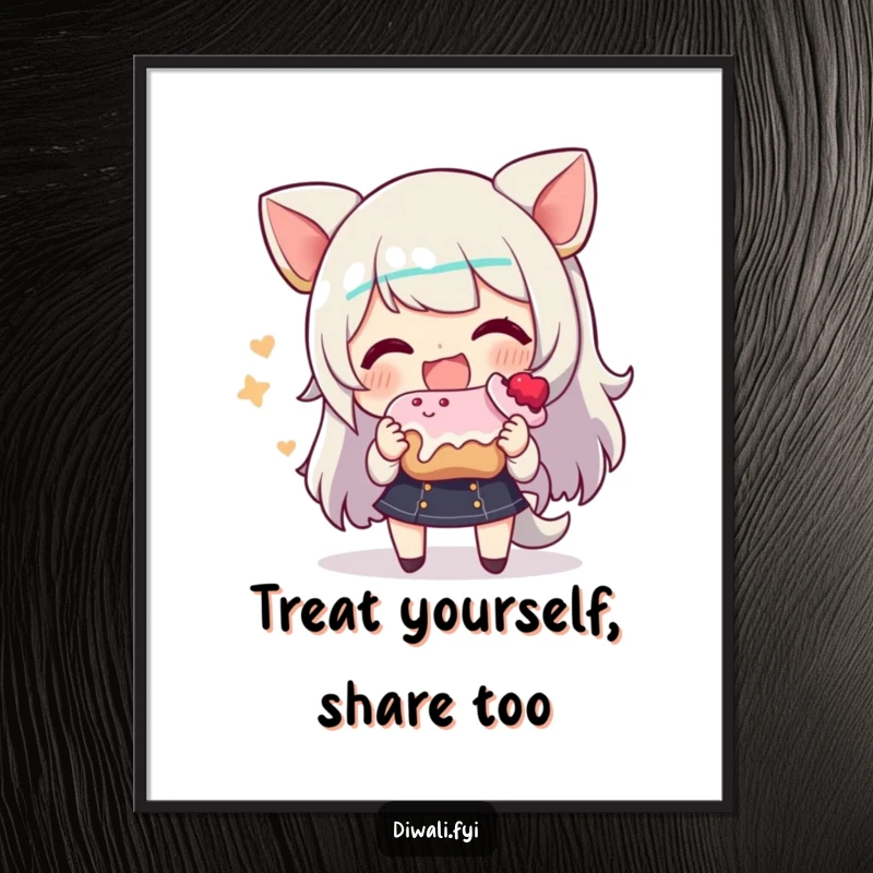 Funny poster art depicting a character with an infectious smile, holding out a tempting sweet treat to share with others.