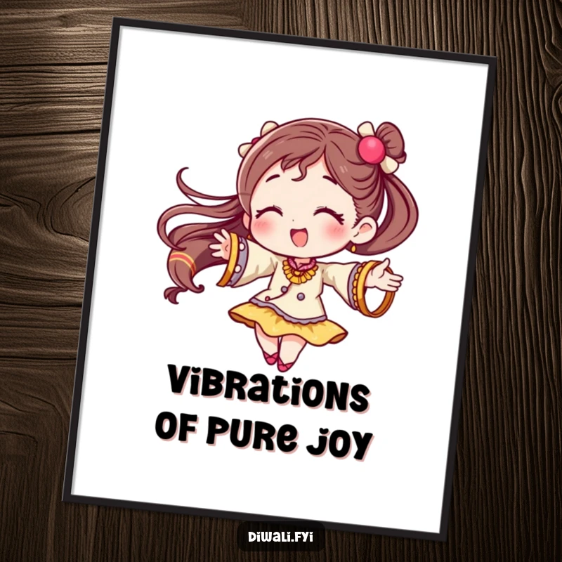 Funny poster featuring a character captured mid-twirl, their festive bangles creating a sense of dynamic movement and celebration.