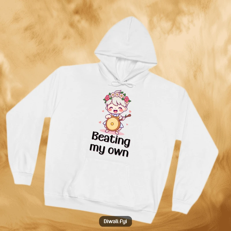 Funny Hoodie: Delighted character wearing a flower garland, playing a drum with cheerful energy, perfect for cool days.