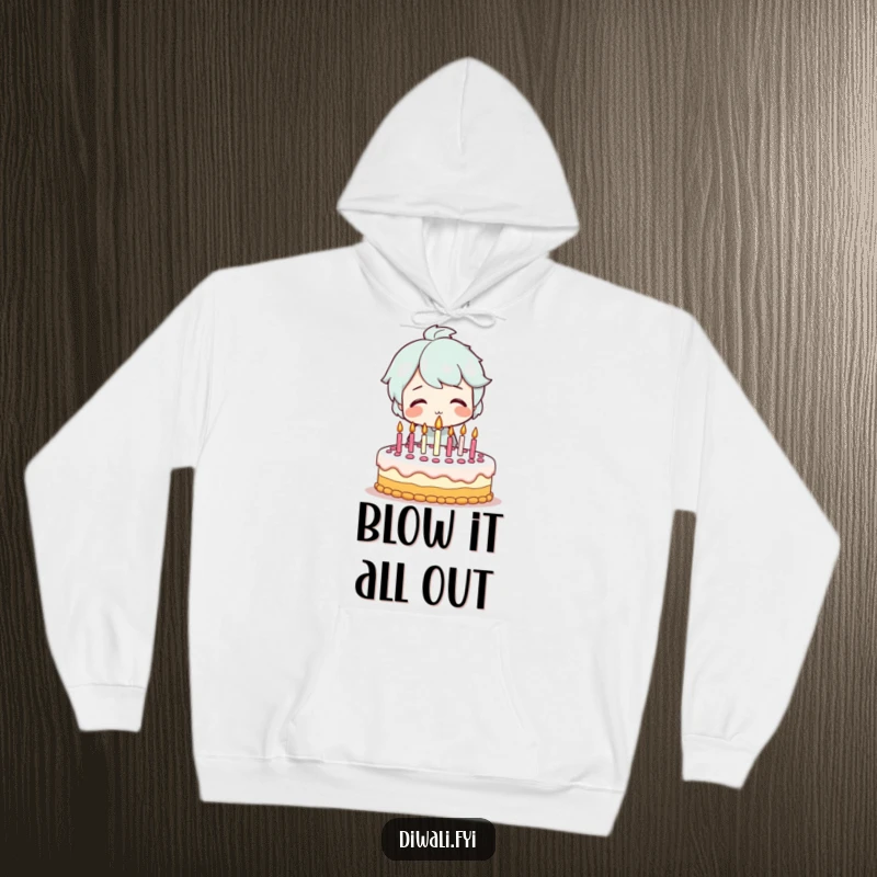 Funny hoodie with a smiling character blowing out candles on a festive cake, offering cozy comfort and birthday fun for any celebration.
