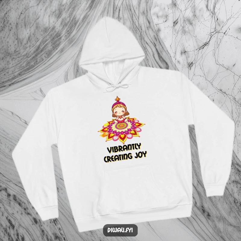 Funny rangoli hoodie depicting a delighted character joyfully creating a colorful rangoli pattern, perfect for staying warm and inspired.