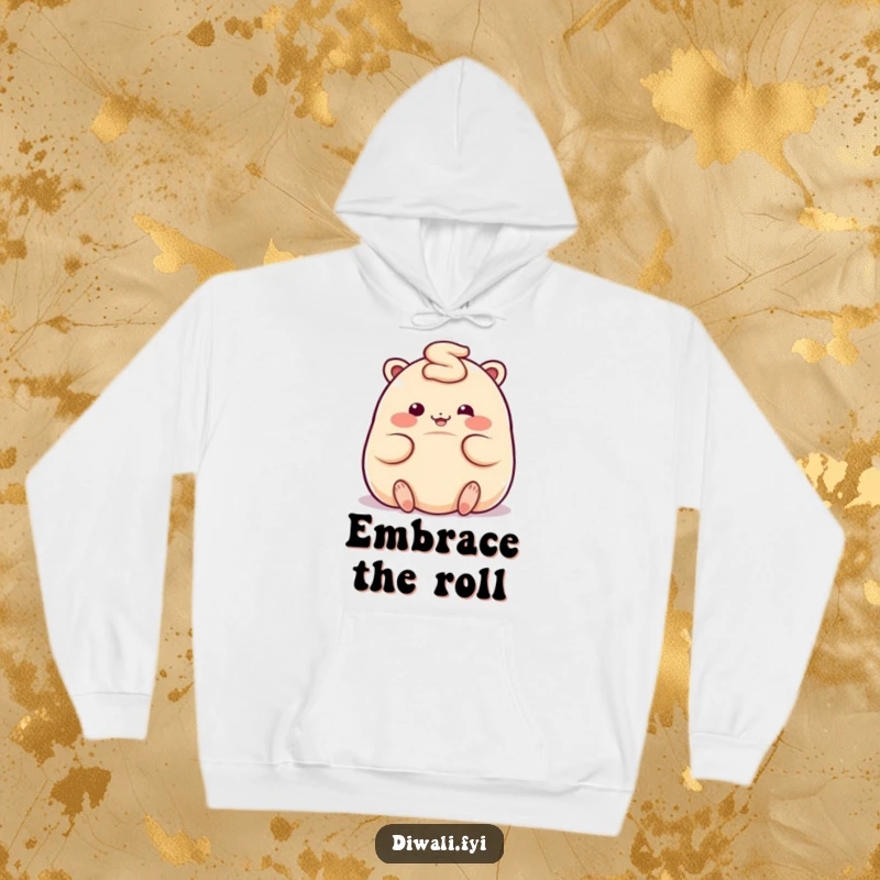 Funny hoodie showcasing a plump, giggling ladoo character in a playful rolling pose, radiating sweet happiness.