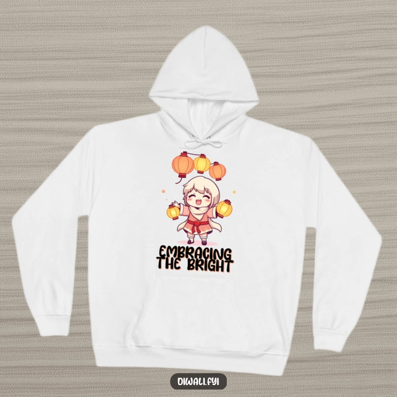 Funny hoodie depicting a happy character juggling luminous lanterns, bringing a sense of wonder and playful delight.