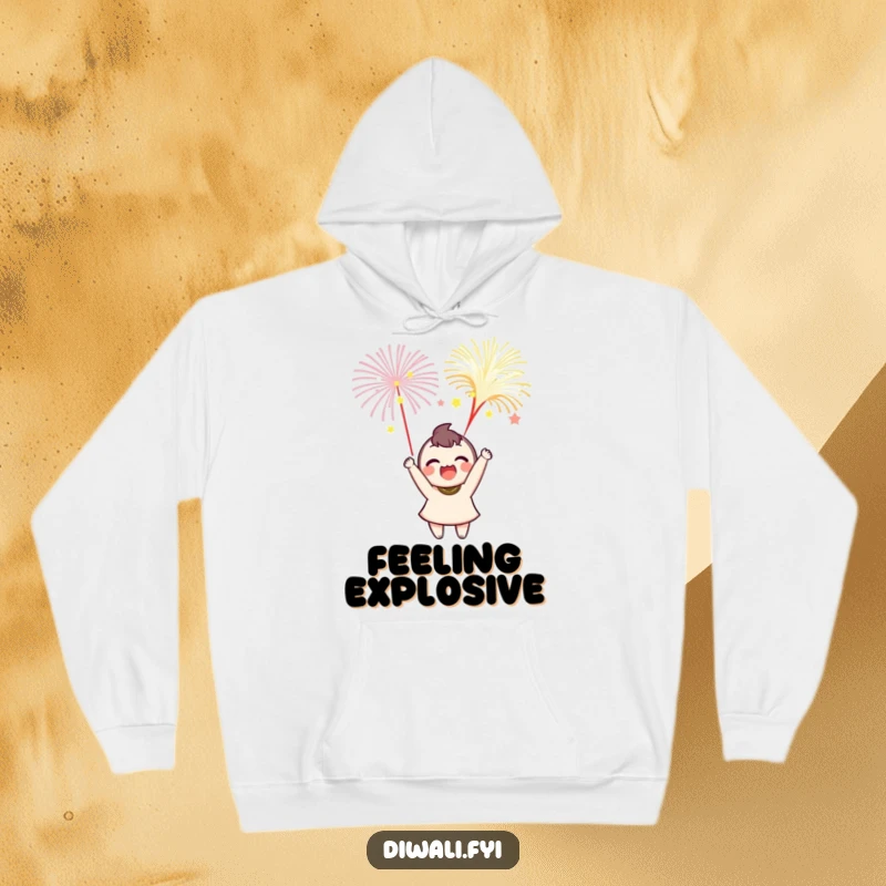 Funny hoodie depicting a delighted character launching colorful fireworks, perfect for cozy celebrations and cool nights.