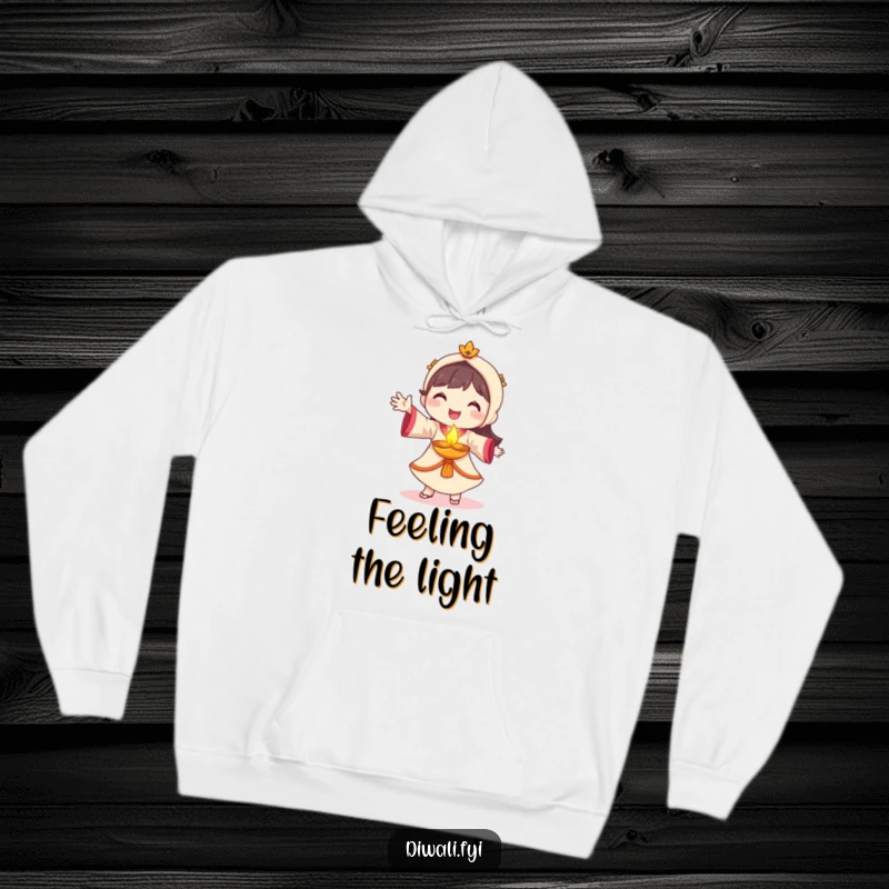 Funny diya dancer hoodie, smiling character dancing with glowing diya, cozy festive apparel, warm cultural gift.