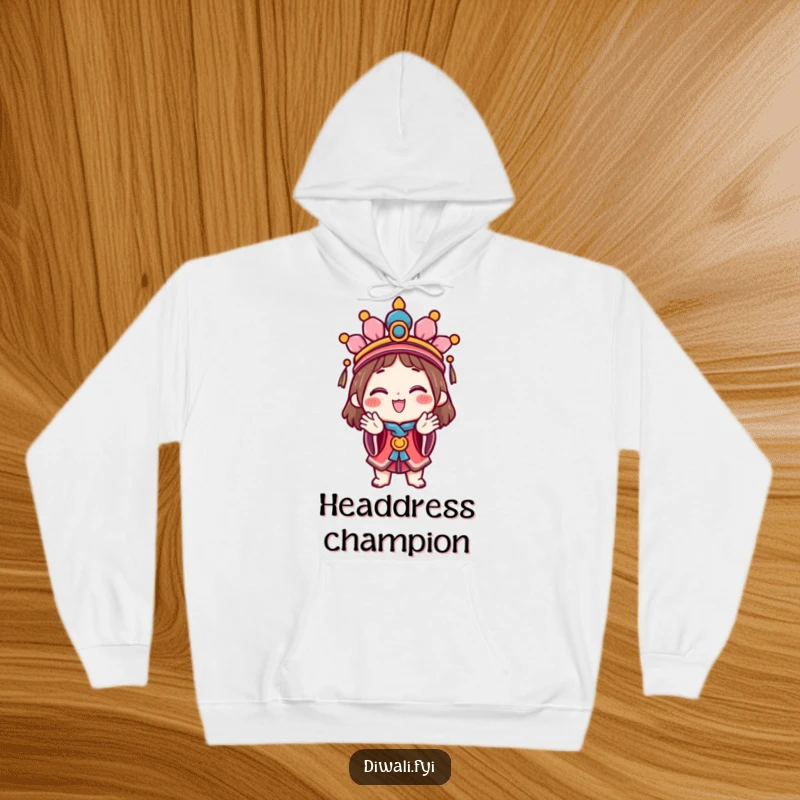 Funny Celebration Hoodie: A happy character sporting a festive headdress claps joyfully, printed on a cozy and humorous hoodie.
