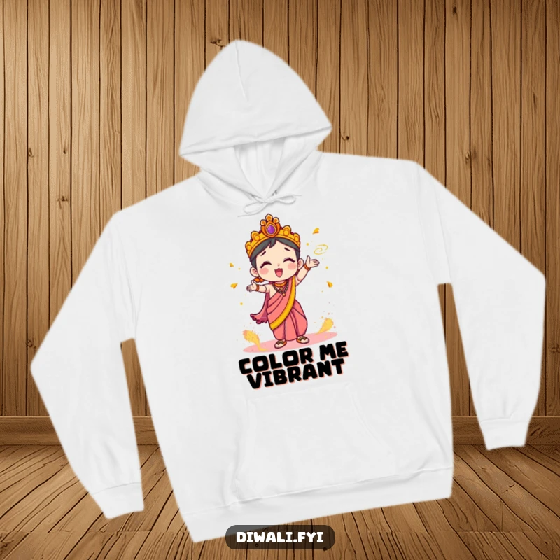 Funny Hoodie: Cute character in a festive sari gleefully tossing bright Holi powder, cozy and full of holiday cheer.