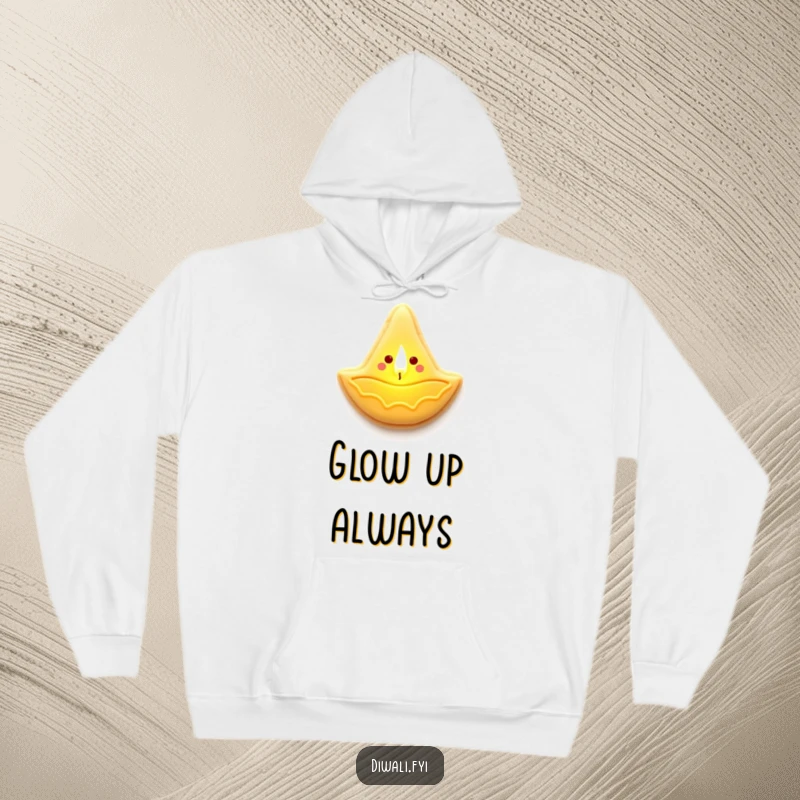 Funny hoodie with a cheerful sugar cookie diya lamp character, radiating a gentle, warm, and cozy golden light.