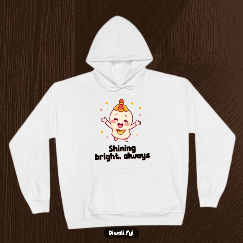 Funny, happy diya character in a celebratory spin, featured on a cozy hoodie, bringing festive warmth and dynamic energy.