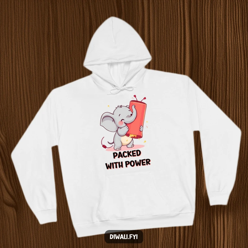 Funny hoodie showing a small elephant wrestling a gigantic, glowing firecracker, conveying a sense of epic, humorous struggle.