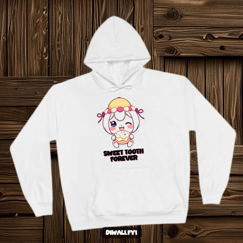 Funny festive sweet hoodie featuring a cheerful character sharing a sweet with a smile, perfect for cozy joy.