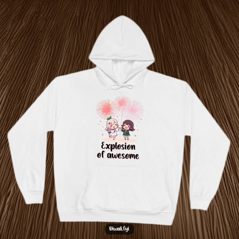 Funny hoodie featuring a cheerful character and friend enjoying a spectacular fireworks show, capturing the essence of shared joy and warmth on a cool evening.
