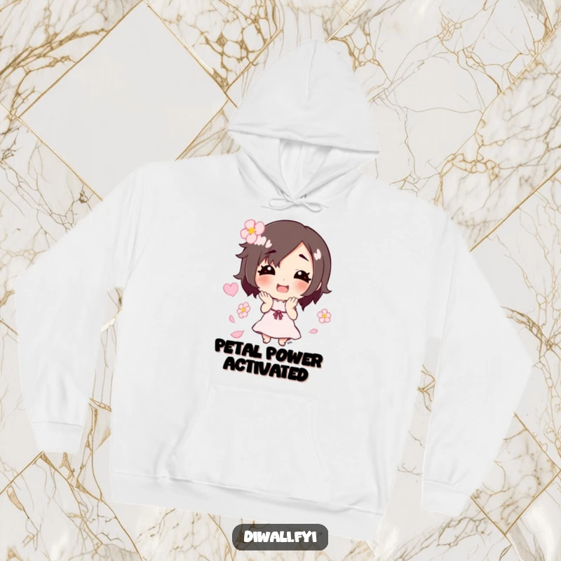 Funny hoodie depicting a beaming character joyfully scattering a flurry of delicate flower petals, conveying warmth and happiness.