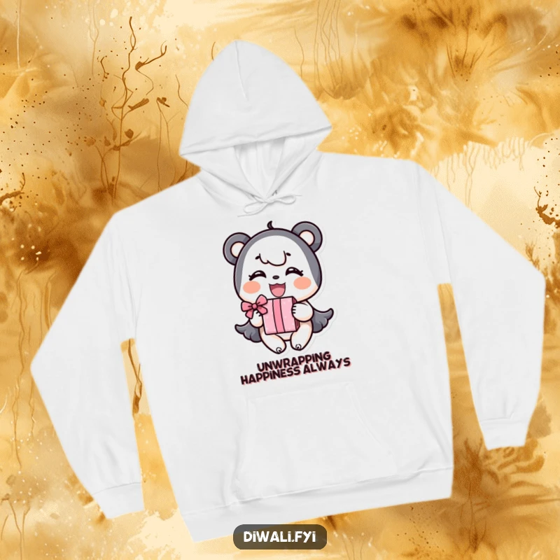 Funny Hoodie: A happy character joyfully extends a gift, designed for ultimate comfort and humorous expression.