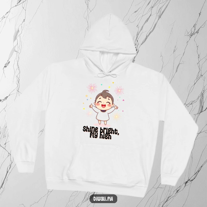 Funny joyful character in a hoodie, smiling and juggling colorful sparklers, radiating warmth and fun.