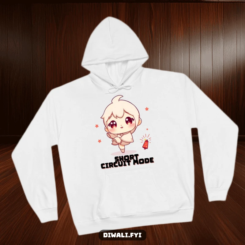 Funny hoodie featuring a character with wide, excited eyes, playfully kicking a small firecracker, ready for excitement.