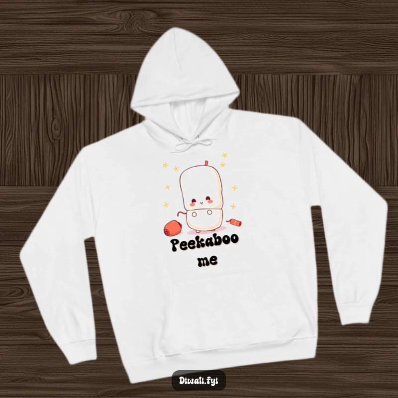 Funny hoodie featuring a small, curious firecracker character playfully peeking from behind a larger, hidden firecracker.