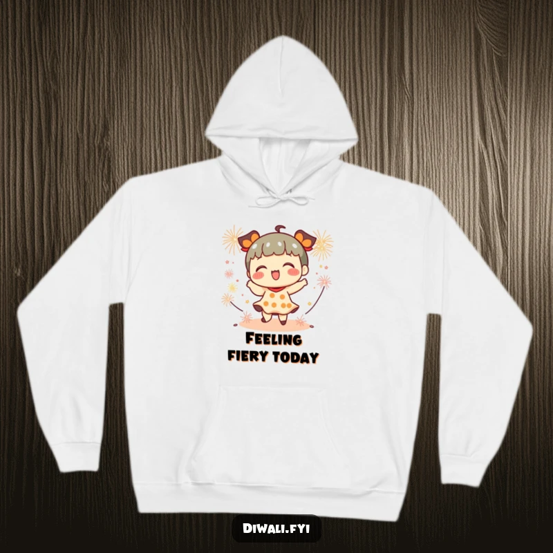 Funny hoodie depicting a playful character dancing with small firecrackers around them, radiating energy and festive cheer.