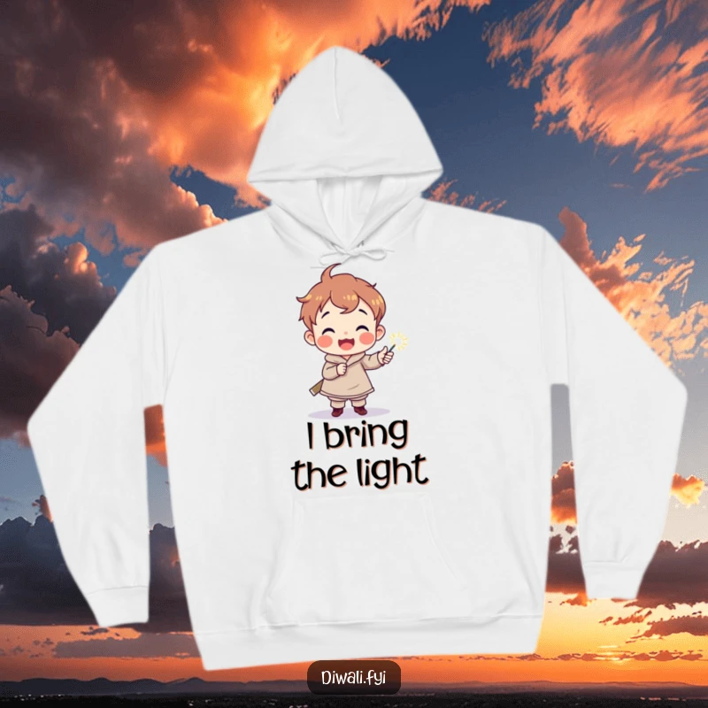 Funny hoodie showcasing a delighted child character holding a sparkler torch, offering warmth and a touch of enchanting, joyful design.