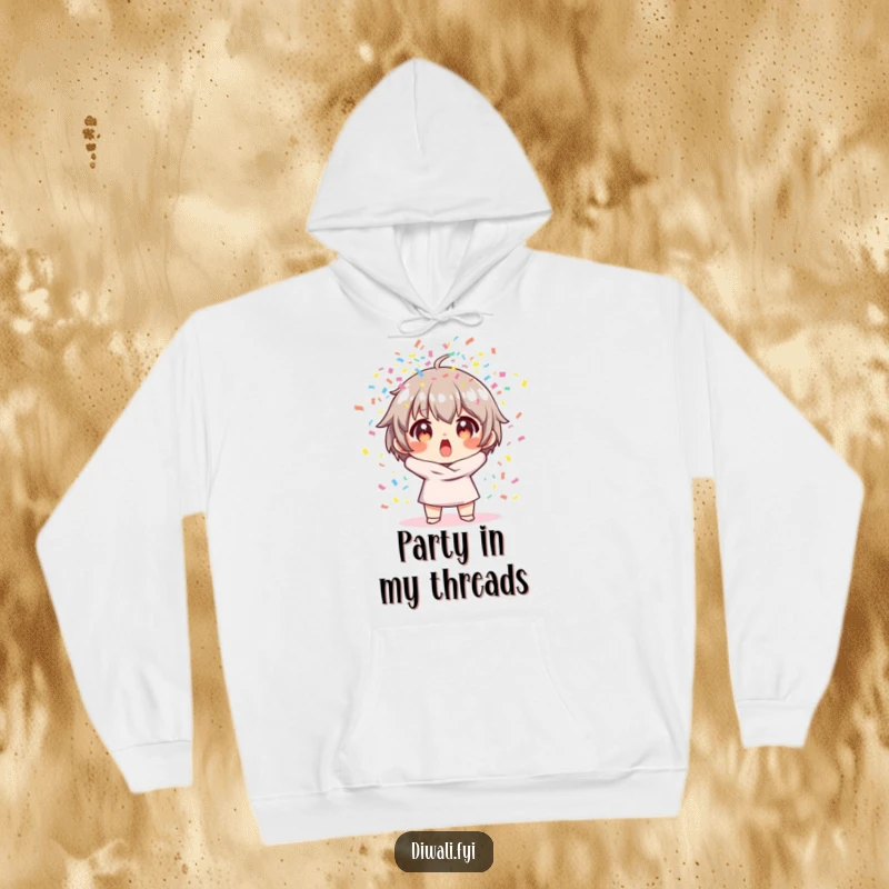 Funny hoodie featuring a character with a shocked yet happy expression during a colorful confetti explosion.