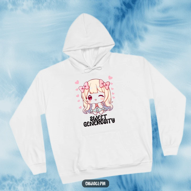 Funny hoodie depicting a character offering sweets with a bow, exuding warmth, kindness, and generosity.