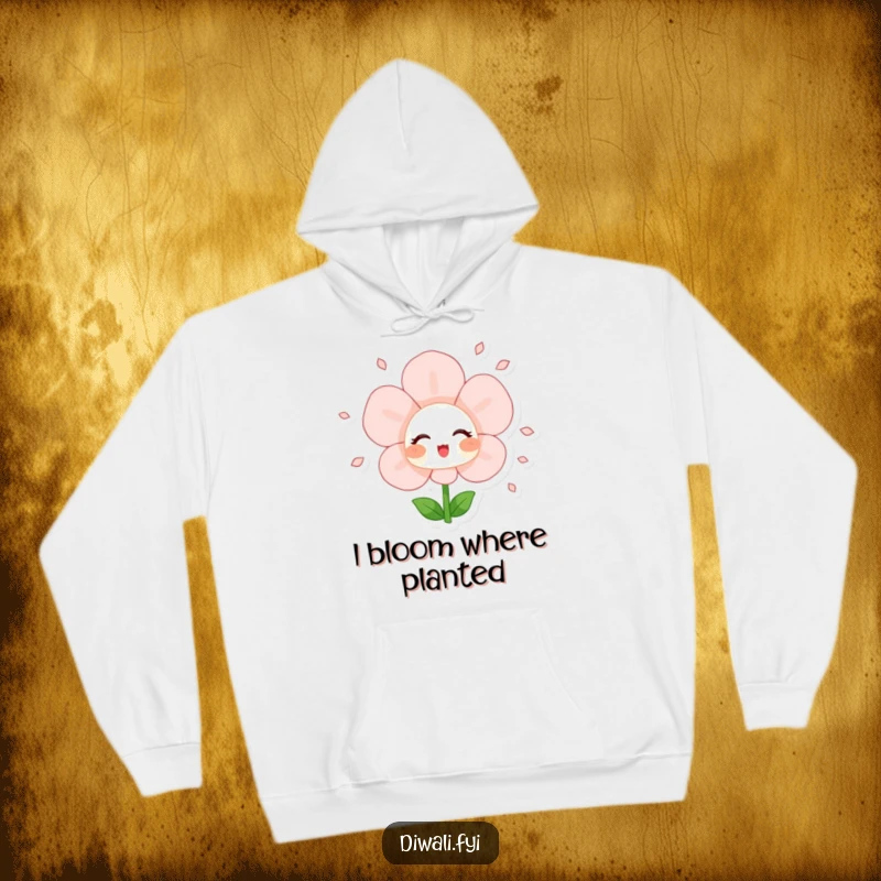 Funny hoodie showcasing a blushing flower character showering petals, offering warmth and a touch of vibrant, joyful design.