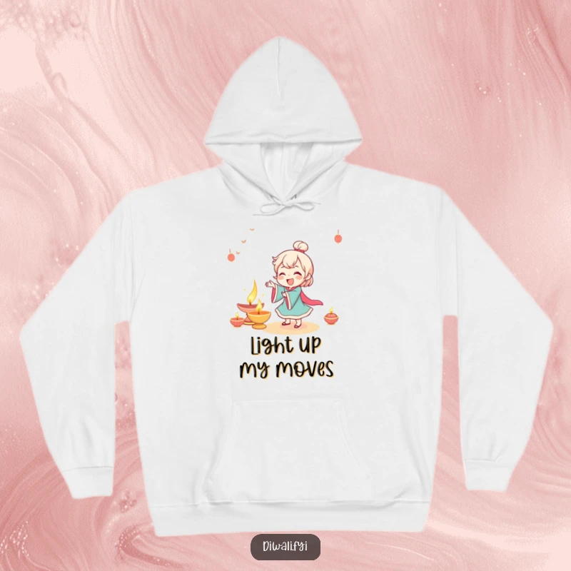 Funny character in a hoodie, giggling while dancing gracefully near a beautifully lit diya, cozy celebration.