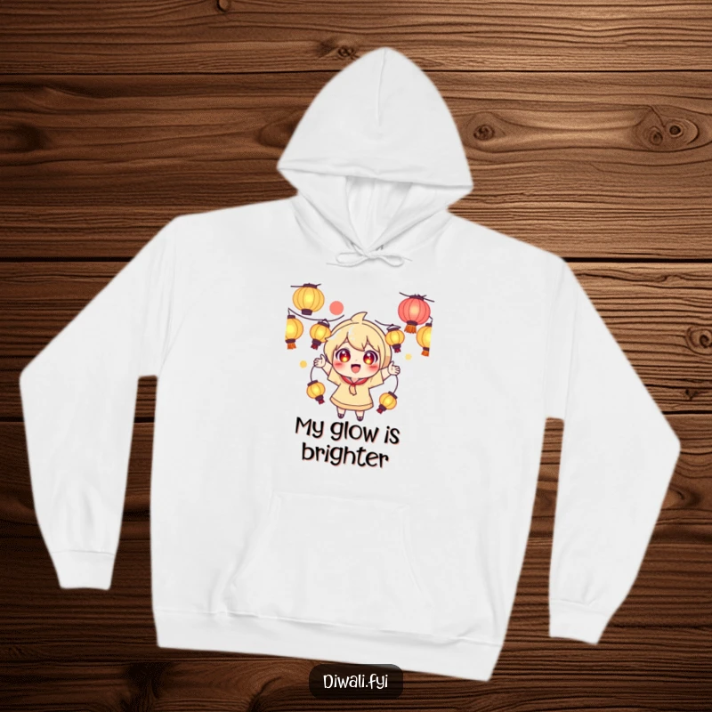 Funny hoodie depicting a playful character with excited eyes, juggling glowing lanterns in the dark.