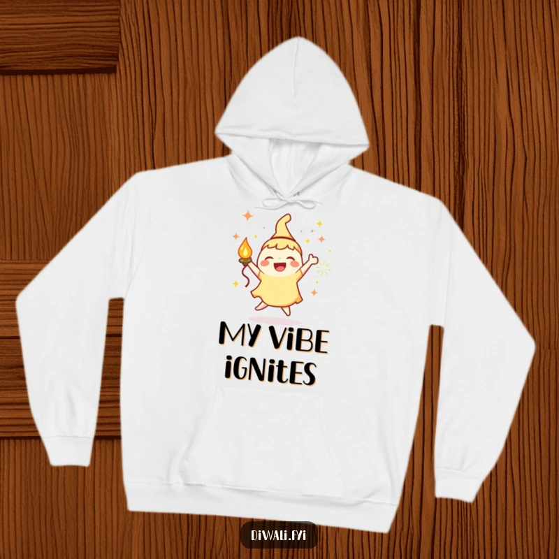 Funny Hoodie: Joyous character with a lamp and bright sparks, dancing happily, perfect for cozy moments.
