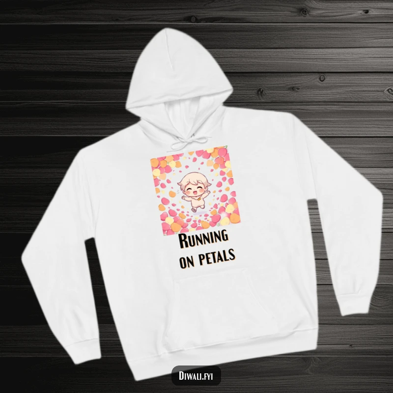 Funny Giggling Character Hoodie: A giggling character joyfully runs through a shower of colorful petals, printed on a cozy and humorous hoodie.