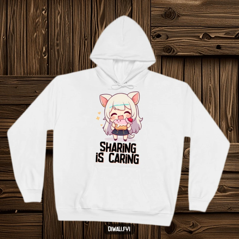 Funny hoodie with a happy character extending a delicious sweet treat, symbolizing sharing and generosity with a smile.