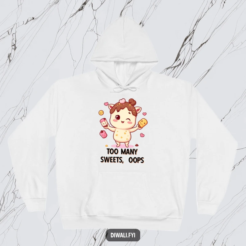 Funny hoodie featuring a character juggling mithai, offering warmth and a delightful celebration of sweet Indian treats.