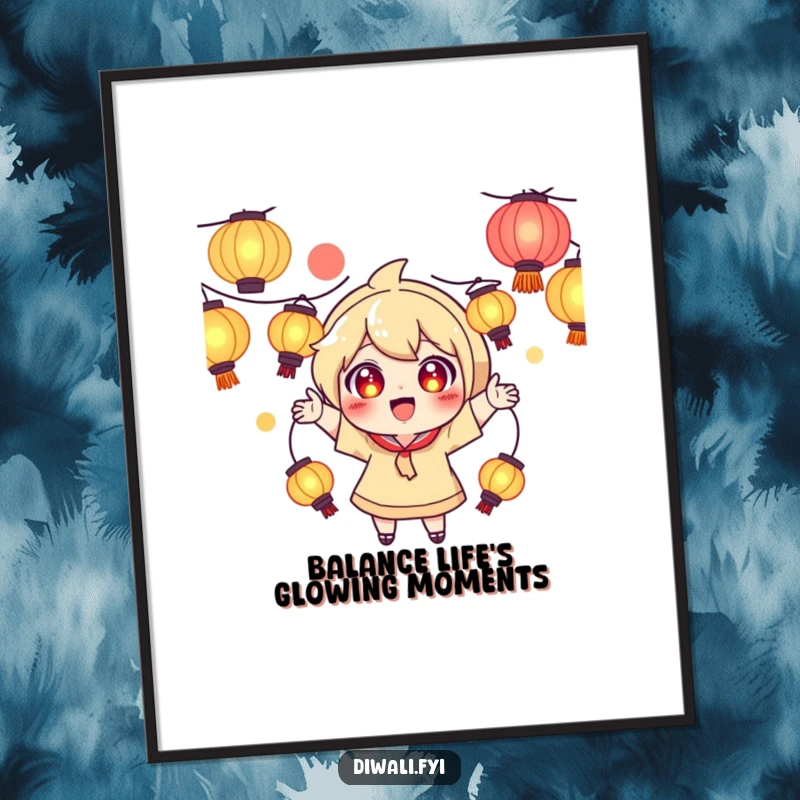 Funny Free Printable Wall Art of a playful character with wide, excited eyes, skillfully juggling a set of glowing lanterns.