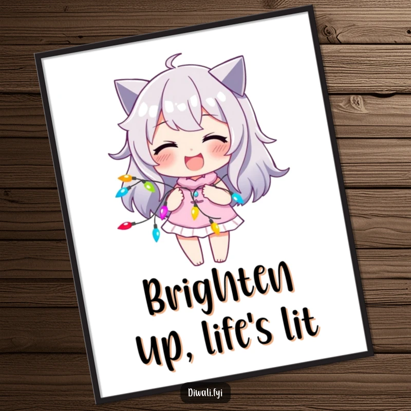 Funny Free Printable wall art depicts a character with a mischievous, joyful smirk delighting in playing with a string of vibrant, colorful lights.