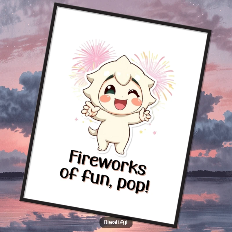 Funny Free Printable Firework Art: Smiling character strikes a dynamic pose against a backdrop of fireworks.