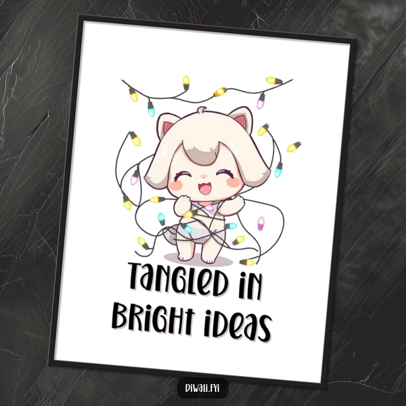 Funny Free Printable Wall Art: A playful character comically tangled in colorful decorative string lights, bringing humor.
