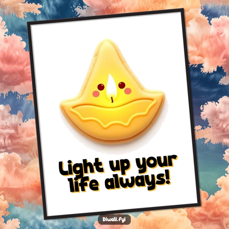 Free Printable Wall Art: A smiling sugar cookie shaped like a diya lamp glows warmly, creating a cozy and inviting ambiance.