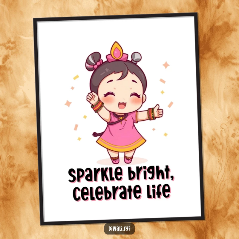 Funny Free Printable wall art features a small character adorned with festive bangles, striking a confident and celebratory pose, brimming with cheerful energy.