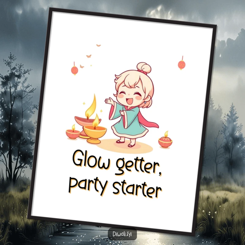 Funny Free Printable Wall Art: A character giggling and dancing exuberantly near a beautifully lit, traditional diya.