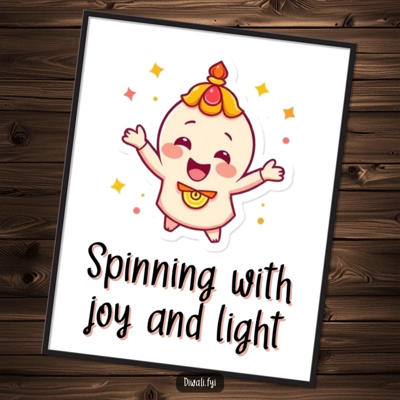 Funny Free Printable Wall Art of a happy diya character captured mid-celebratory spin, radiating pure joy and festive energy.