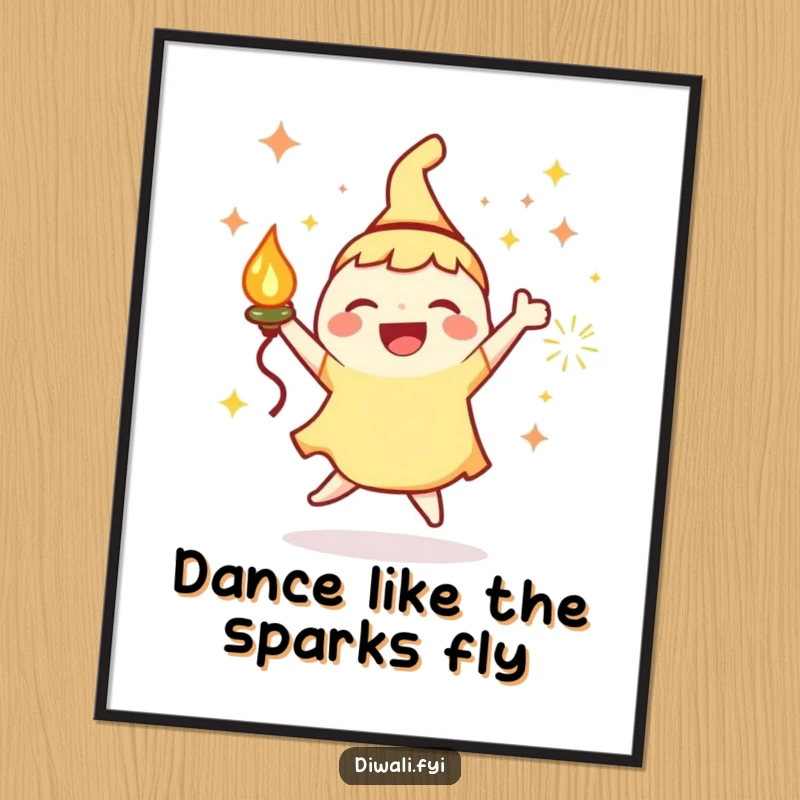 Funny Free Printable Wall Art: A joyous character with a glowing lamp and vibrant sparks performs a happy dance, full of energy and light.