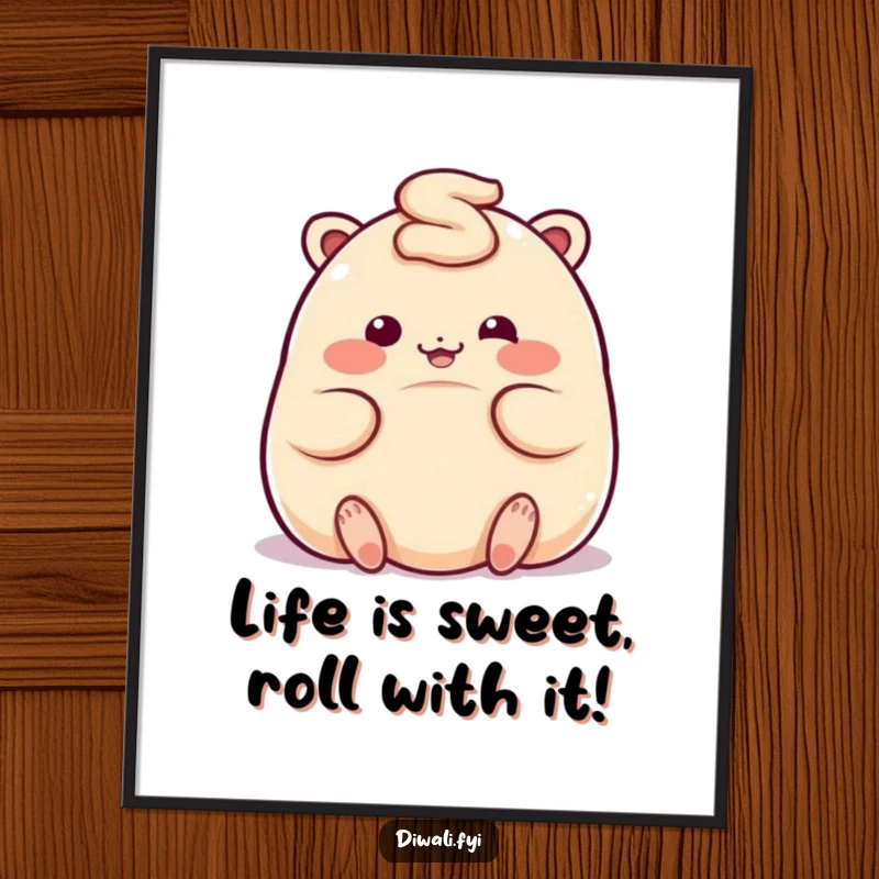 Free Printable Wall Art: A plump, giggling ladoo character is captured mid-roll, adding a playful and sweet touch to wall decor.